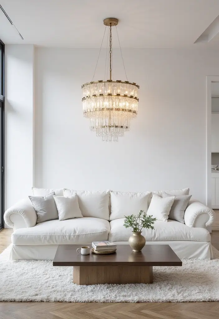 27 White Modern Living Room Ideas That Feel Bright and Minimal - 18. Statement Lighting