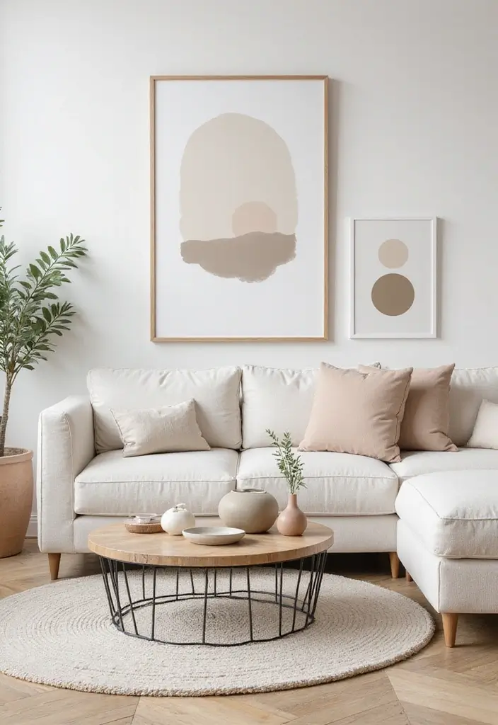 27 White Modern Living Room Ideas That Feel Bright and Minimal - 23. Neutral Art Pieces