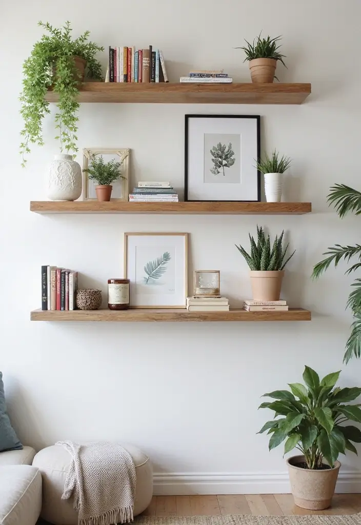 28 Bedroom With Living Room Combo Ideas That Save Space Beautifully - 5. Floating Shelves for Style and Storage