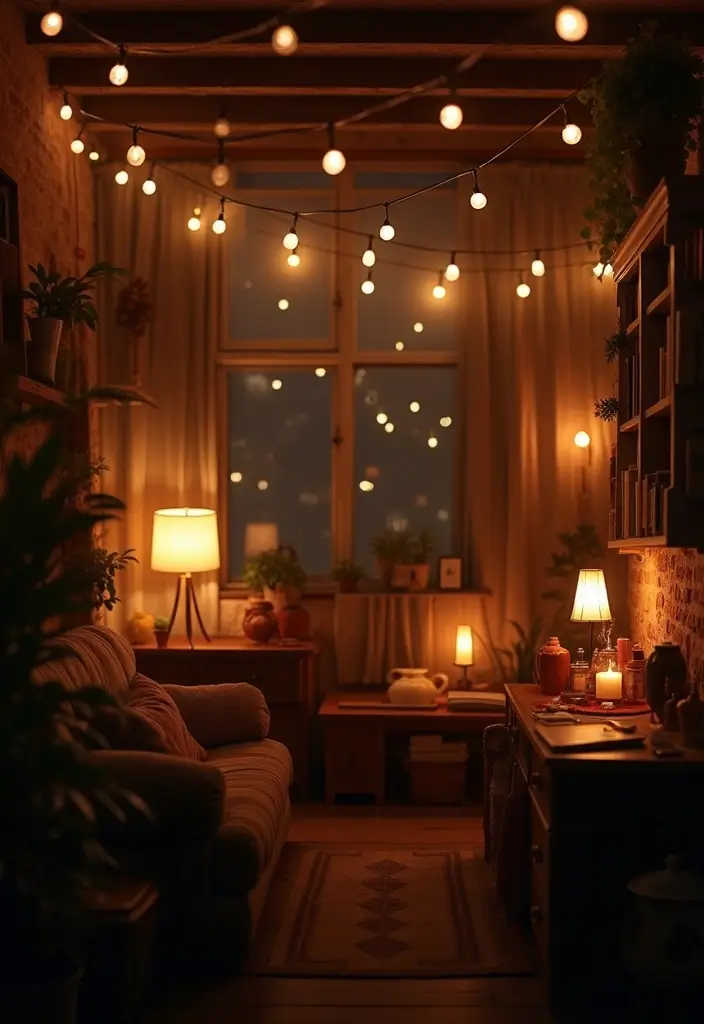 28 Bedroom With Living Room Combo Ideas That Save Space Beautifully - 8. Soft Lighting for Ambiance