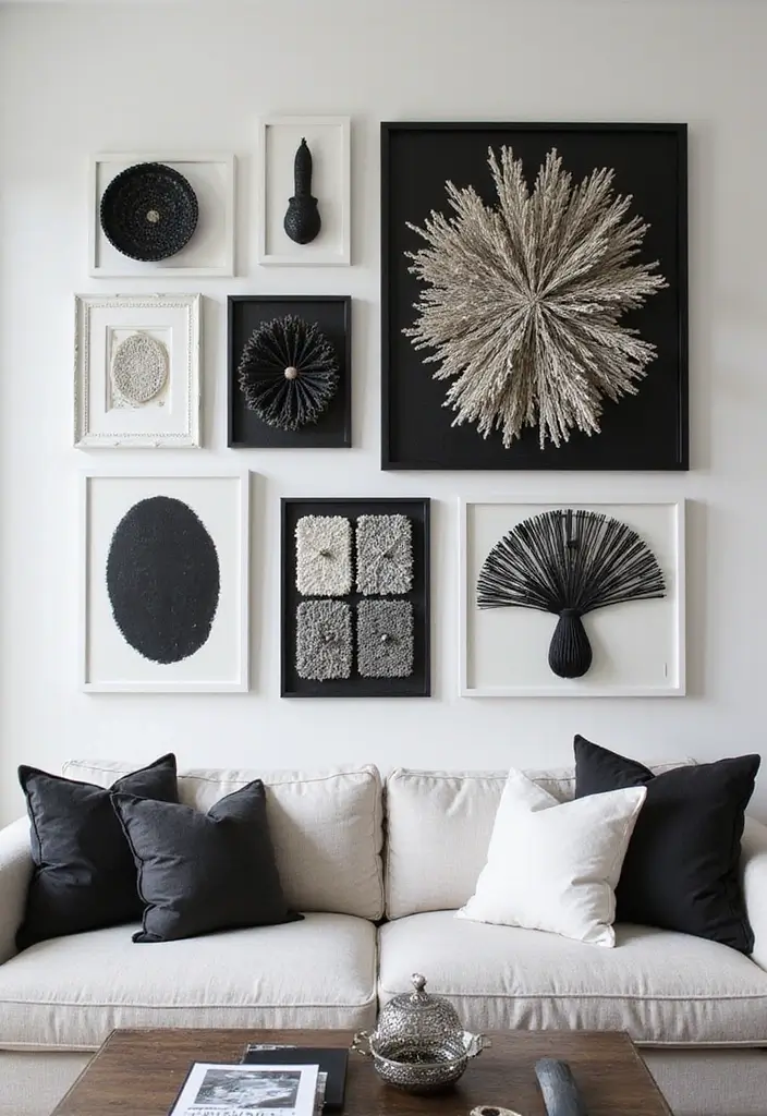 28 Black and White Wall Art Living Room Ideas That Feel Classic and Bold - 10. Layered Textures: Adding Depth