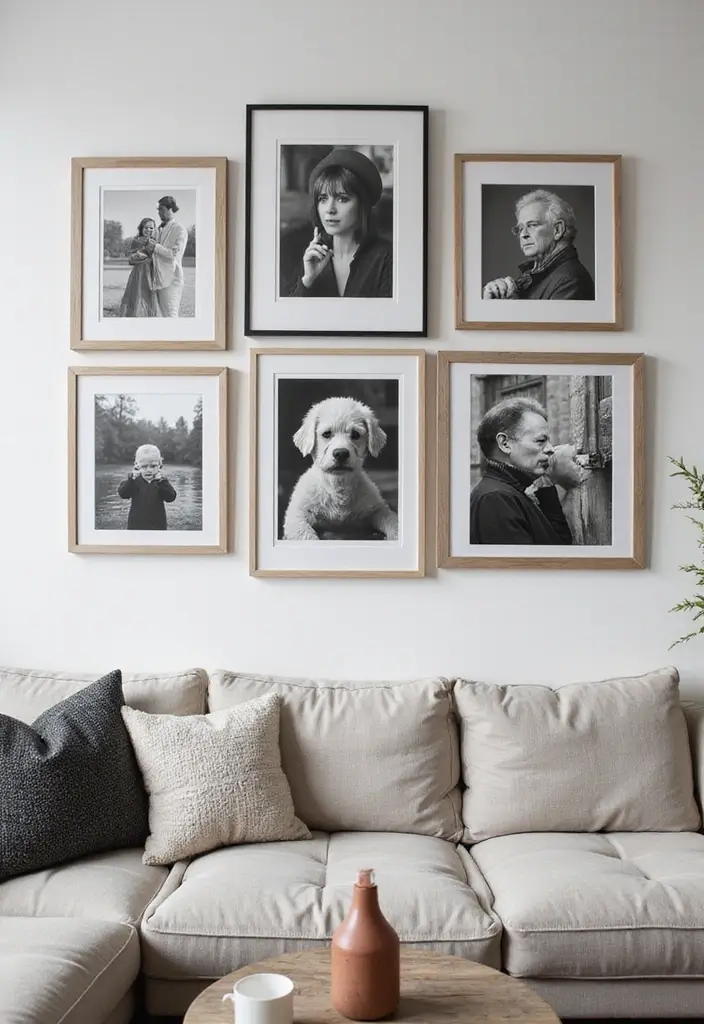 28 Black and White Wall Art Living Room Ideas That Feel Classic and Bold - 12. Black-and-White Collages: A Personal Touch