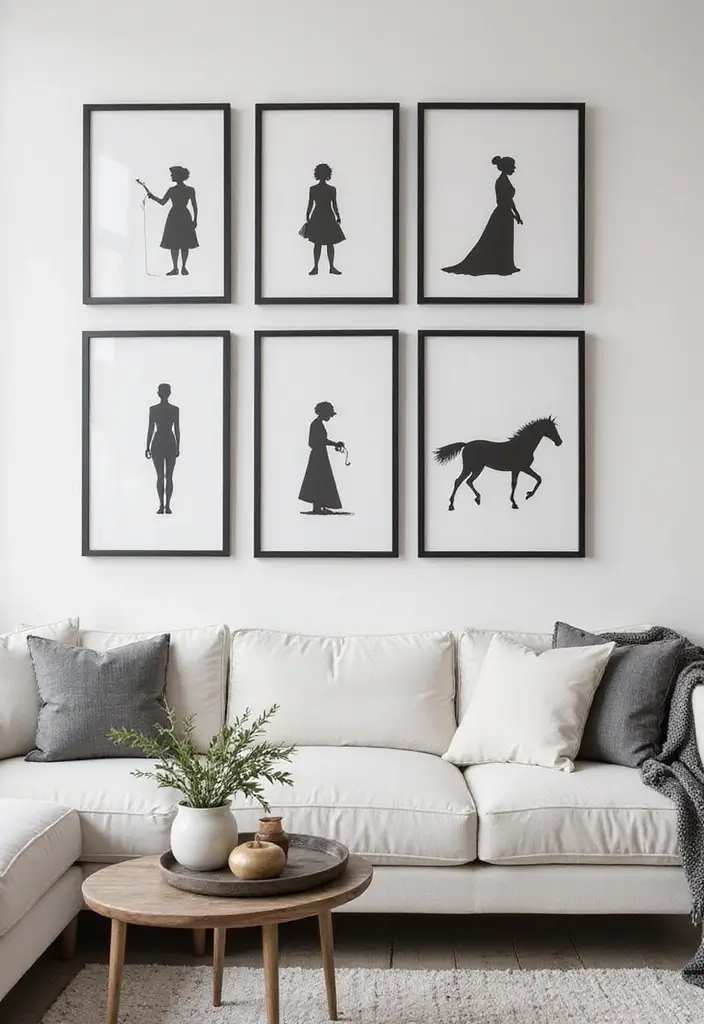 28 Black and White Wall Art Living Room Ideas That Feel Classic and Bold - 17. Monochrome Silhouettes: Simple Elegance