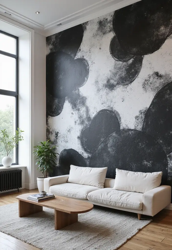 28 Black and White Wall Art Living Room Ideas That Feel Classic and Bold - 18. Minimalist Mural: Making a Bold Statement