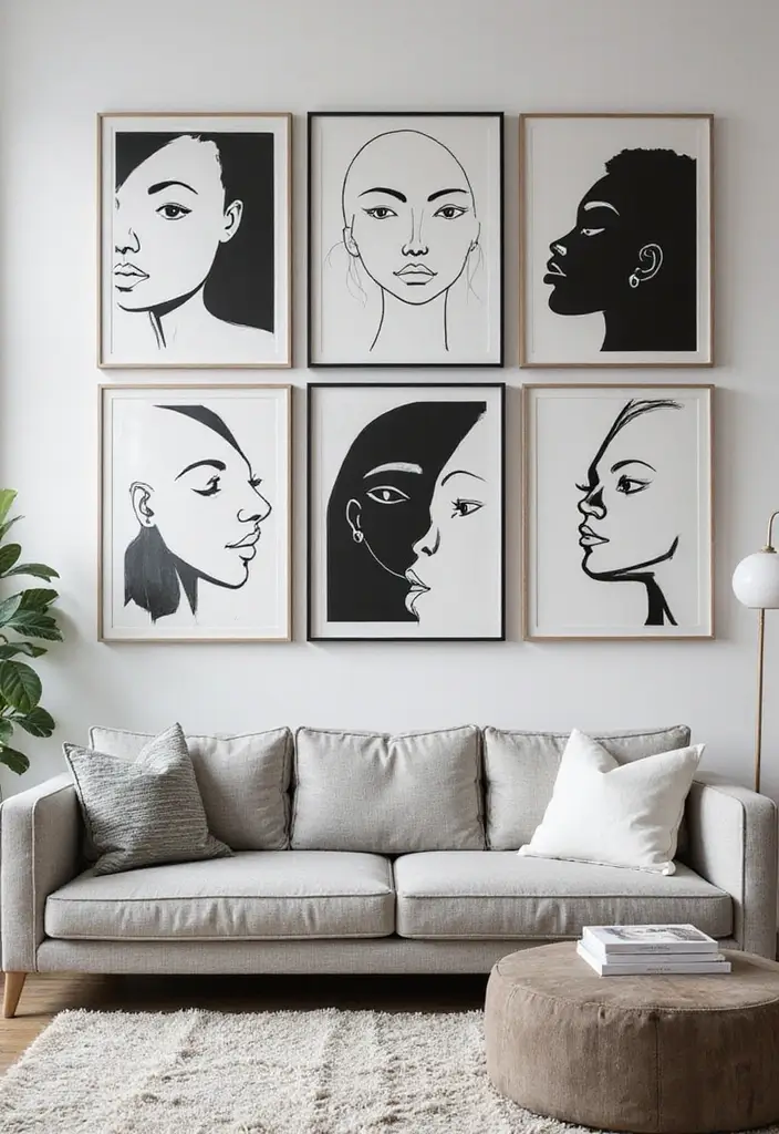 28 Black and White Wall Art Living Room Ideas That Feel Classic and Bold - 20. Abstract Faces: Contemporary Expressions