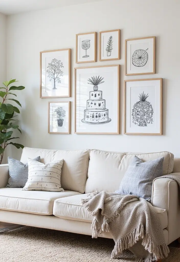 28 Black and White Wall Art Living Room Ideas That Feel Classic and Bold - 21. Whimsical Art: Playful Vibes