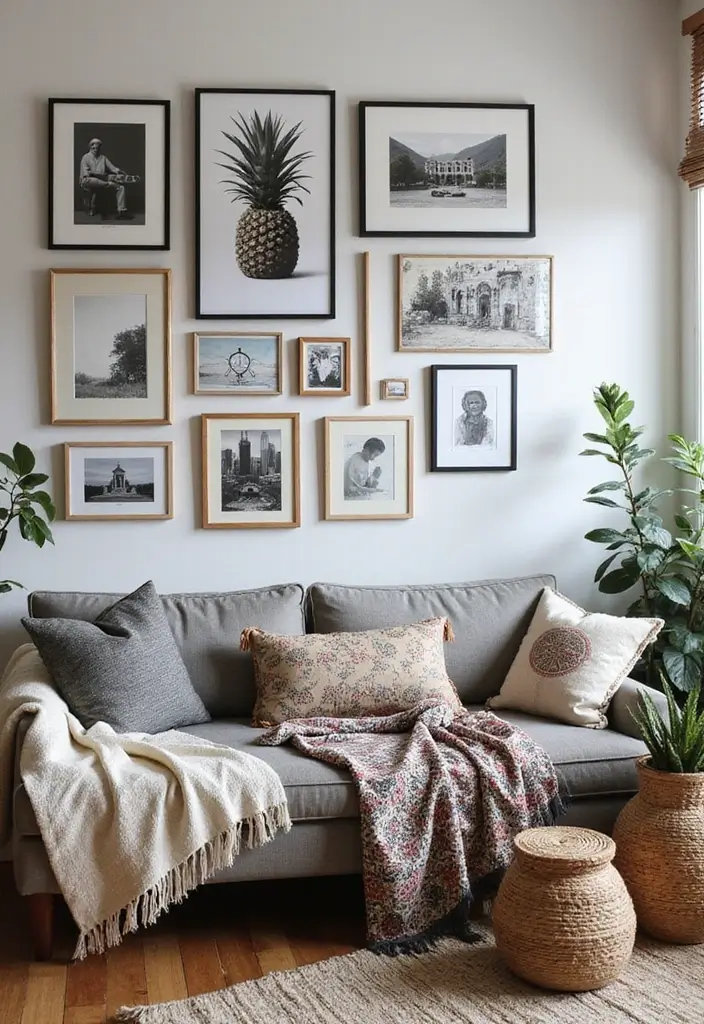 28 Black and White Wall Art Living Room Ideas That Feel Classic and Bold - 22. Bohemian Touches: Artful Layers