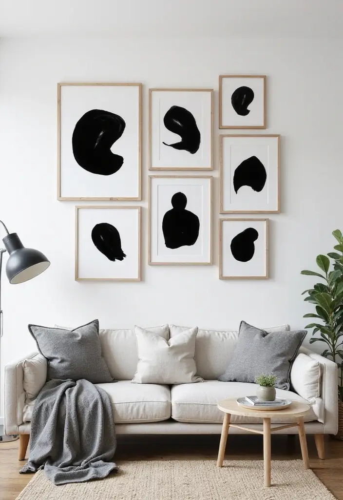 28 Black and White Wall Art Living Room Ideas That Feel Classic and Bold - 23. Dynamic Shapes: Breaking the Mold