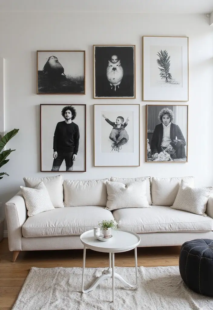 28 Black and White Wall Art Living Room Ideas That Feel Classic and Bold - 26. Play with Scale: Big and Small