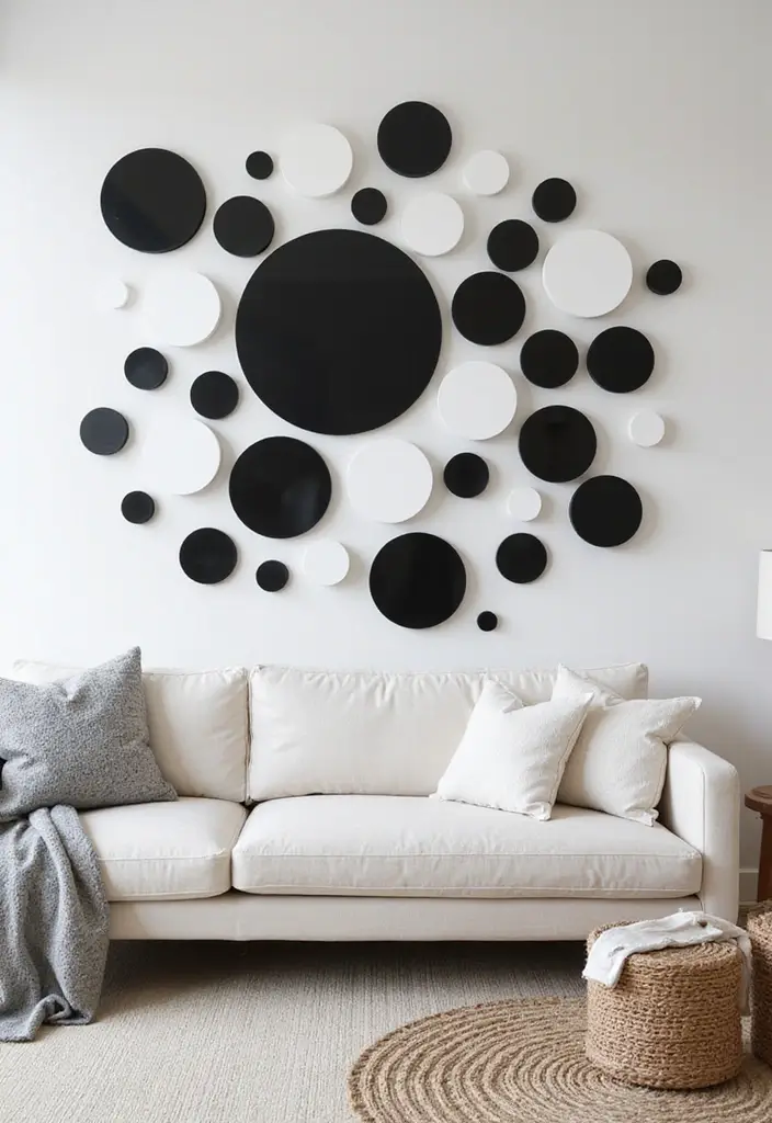 28 Black and White Wall Art Living Room Ideas That Feel Classic and Bold - 7. Bold Circular Art: A Playful Twist