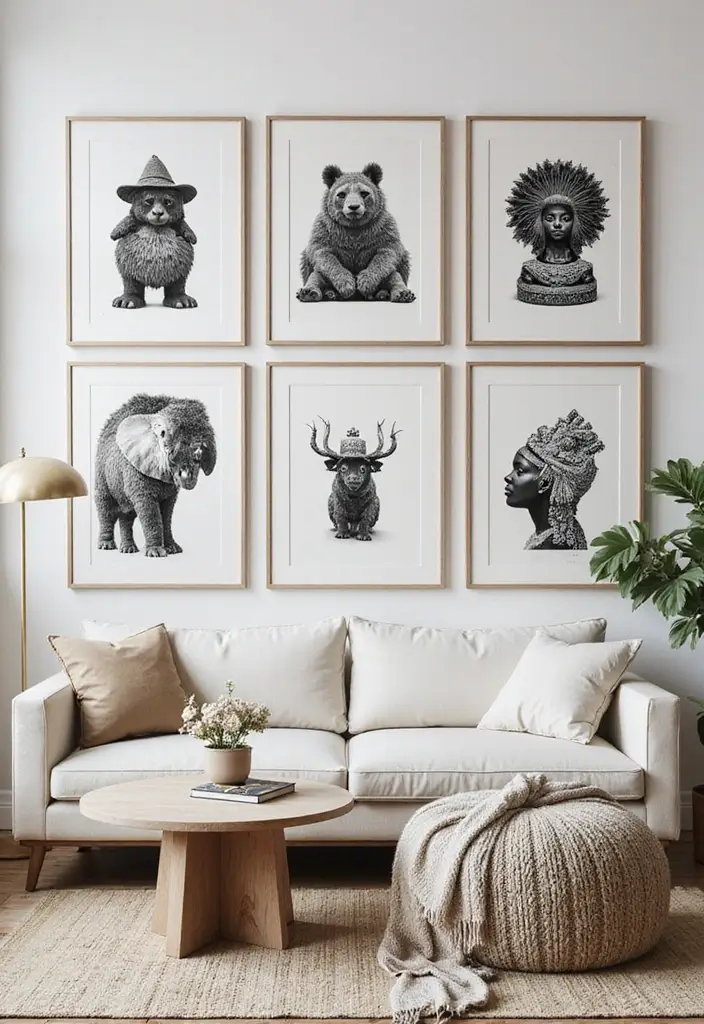 28 Black and White Wall Art Living Room Ideas That Feel Classic and Bold - 8. Cultural Prints: Celebrating Heritage