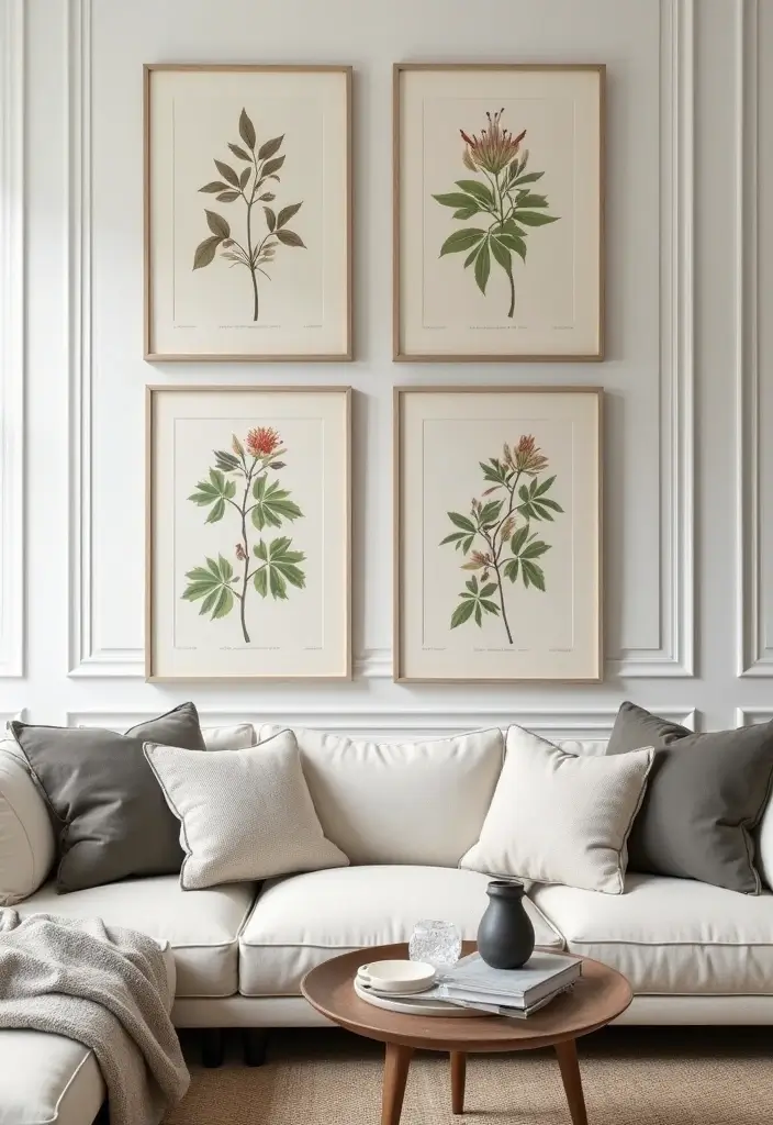28 Black and White Wall Art Living Room Ideas That Feel Classic and Bold - 9. Vintage Botanical Prints: Nature's Simplicity