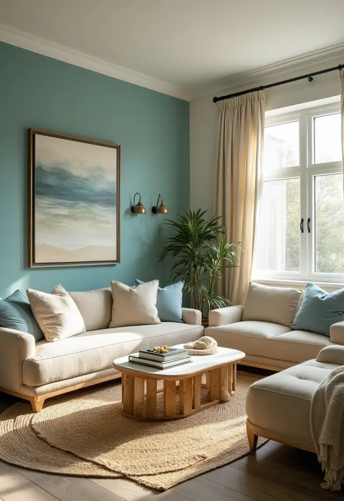 28 Blue Living Room Color Scheme Ideas That Feel Relaxing and Cool - 10. Teal and Sandy Beige Fusion
