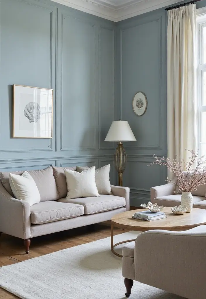 28 Blue Living Room Color Scheme Ideas That Feel Relaxing and Cool - 11. Dusty Blue and Warm Taupe