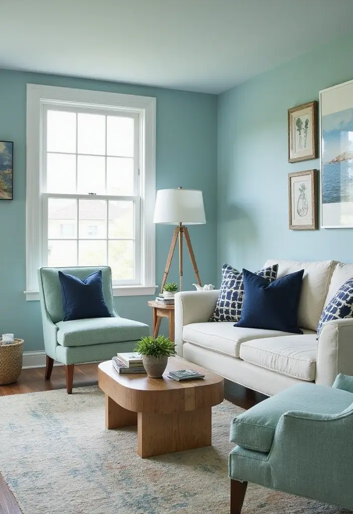 28 Blue Living Room Color Scheme Ideas That Feel Relaxing and Cool - 12. Soft Cerulean and White Trim