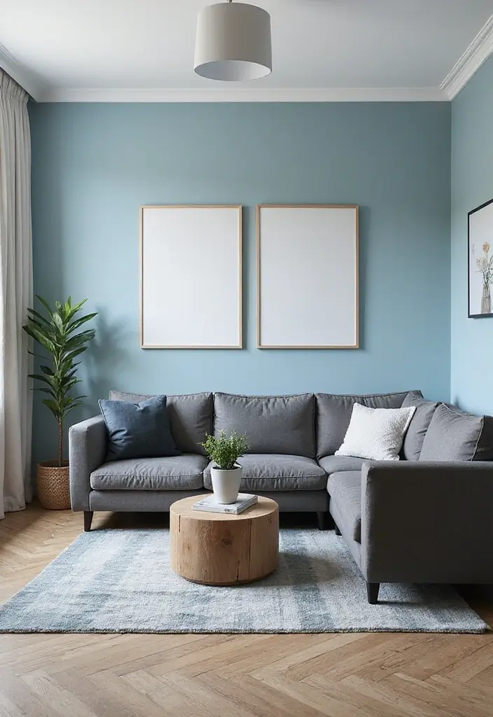 28 Blue Living Room Color Scheme Ideas That Feel Relaxing and Cool - 13. Soft Powder Blue with Charcoal Accents