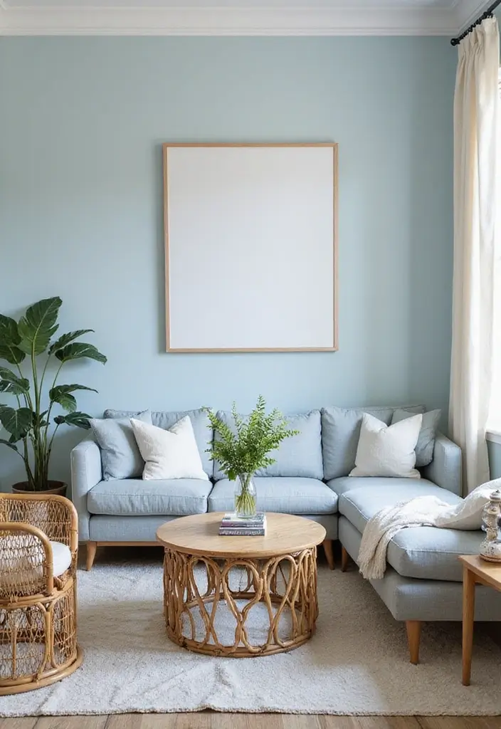 28 Blue Living Room Color Scheme Ideas That Feel Relaxing and Cool - 14. Crisp Light Blue with Rattan Accents