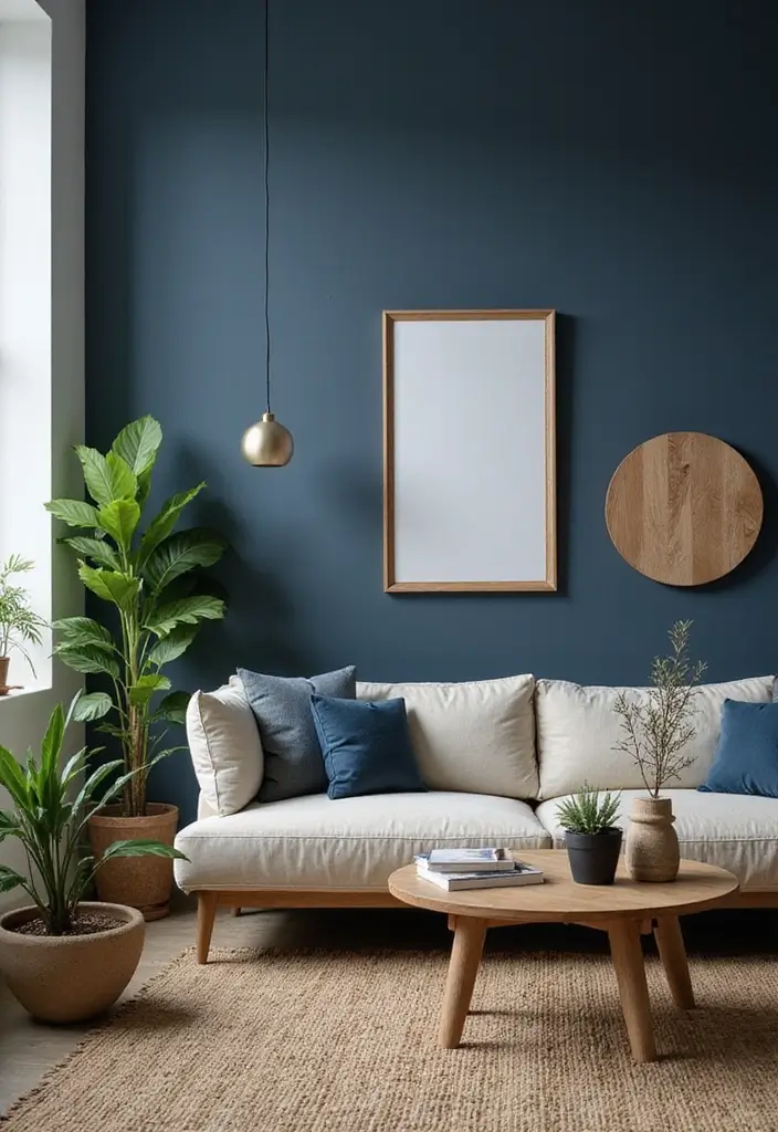 28 Blue Living Room Color Scheme Ideas That Feel Relaxing and Cool - 15. Deep Blue and Earthy Green
