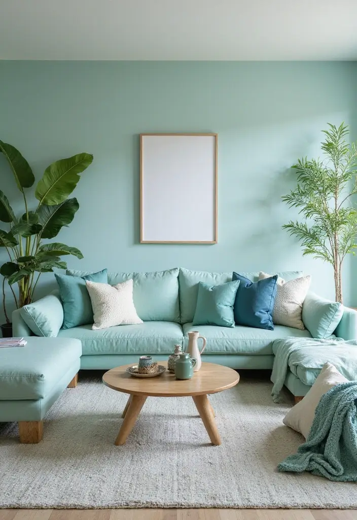 28 Blue Living Room Color Scheme Ideas That Feel Relaxing and Cool - 17. Seafoam Green and Ocean Blue Fusion