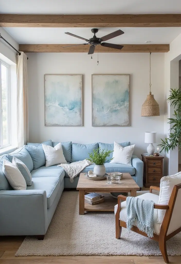 28 Blue Living Room Color Scheme Ideas That Feel Relaxing and Cool - 18. Light Blue and Rustic Brown