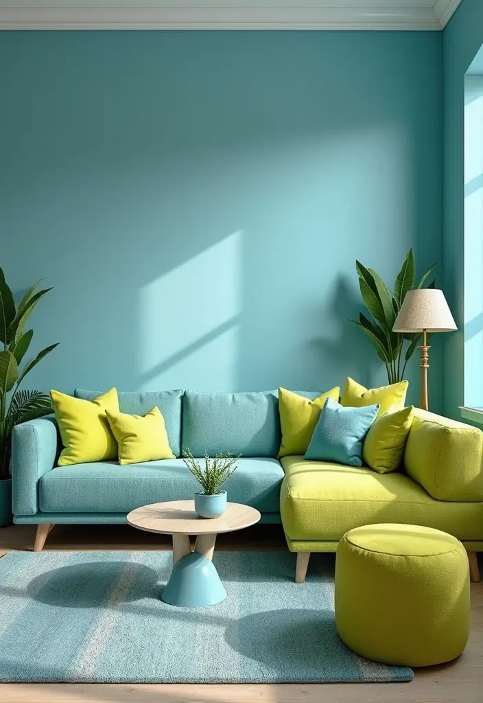 28 Blue Living Room Color Scheme Ideas That Feel Relaxing and Cool - 19. Sky Blue with Bright Lime Green