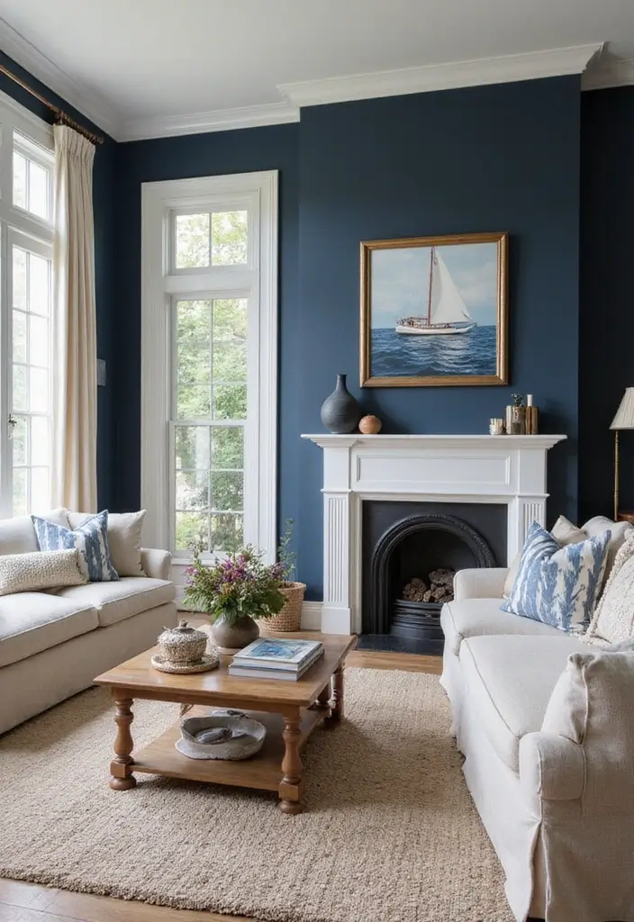 28 Blue Living Room Color Scheme Ideas That Feel Relaxing and Cool - 2. Coastal Navy Retreat