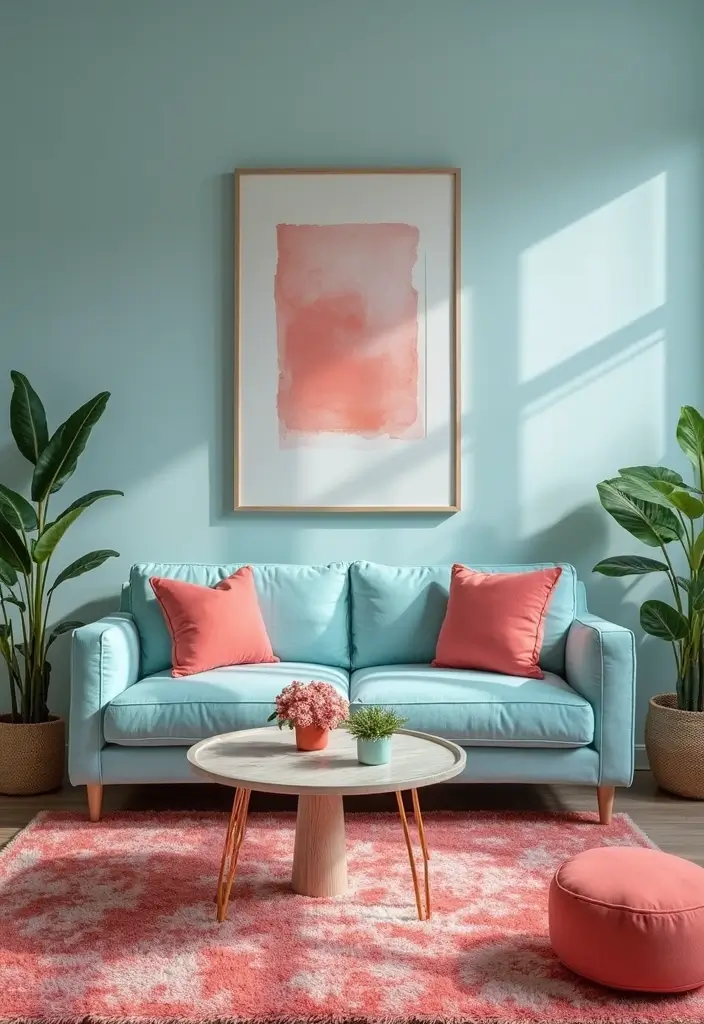 28 Blue Living Room Color Scheme Ideas That Feel Relaxing and Cool - 22. Powder Blue with Bright Coral