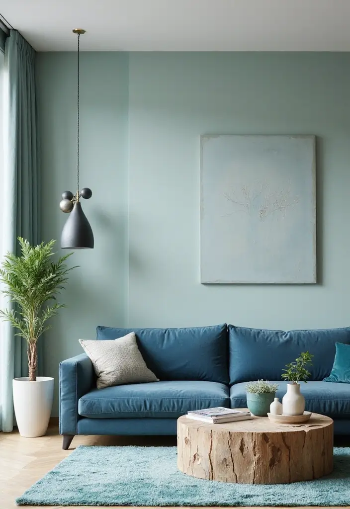 28 Blue Living Room Color Scheme Ideas That Feel Relaxing and Cool - 23. Soft Mint and Deep Blue