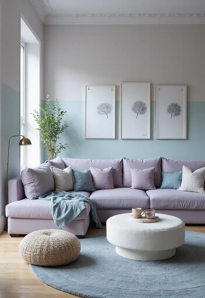 28 Blue Living Room Color Scheme Ideas That Feel Relaxing and Cool - 25. Dusty Lavender and Ocean Blue