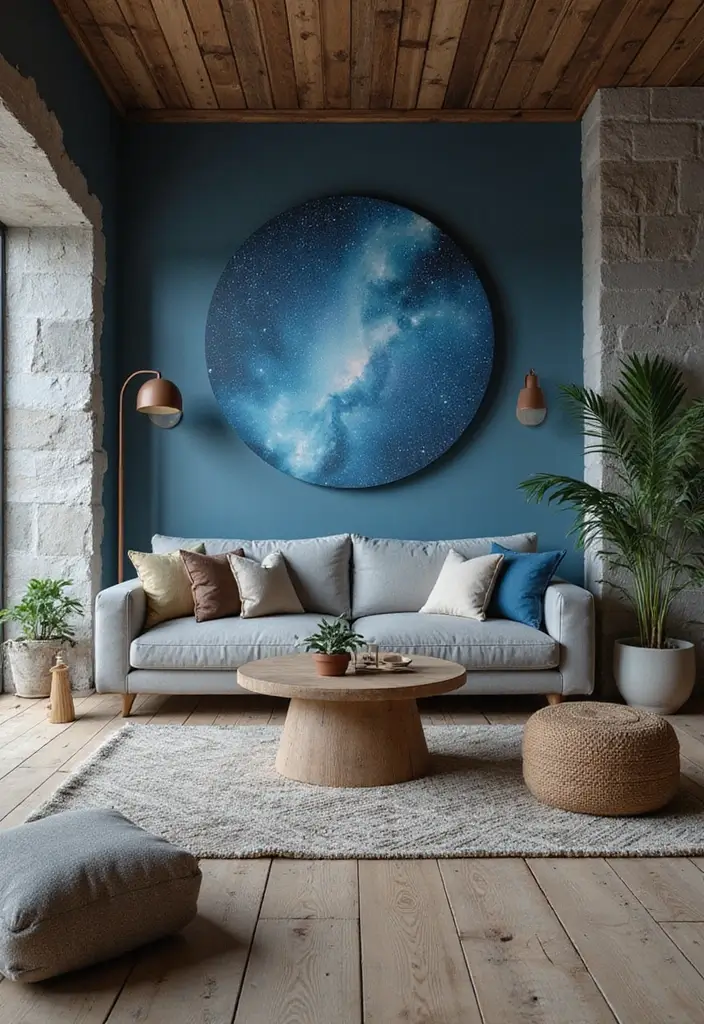 28 Blue Living Room Color Scheme Ideas That Feel Relaxing and Cool - 26. Celestial Blue and Earthy Tones