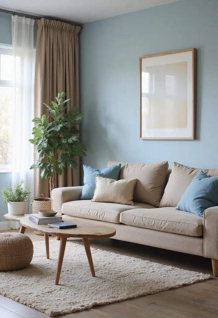 28 Blue Living Room Color Scheme Ideas That Feel Relaxing and Cool - 28. Tranquil Blue with Earthy Sand