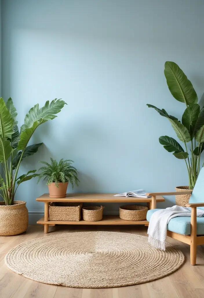 28 Blue Living Room Color Scheme Ideas That Feel Relaxing and Cool - 5. Soft Blue and Natural Wood