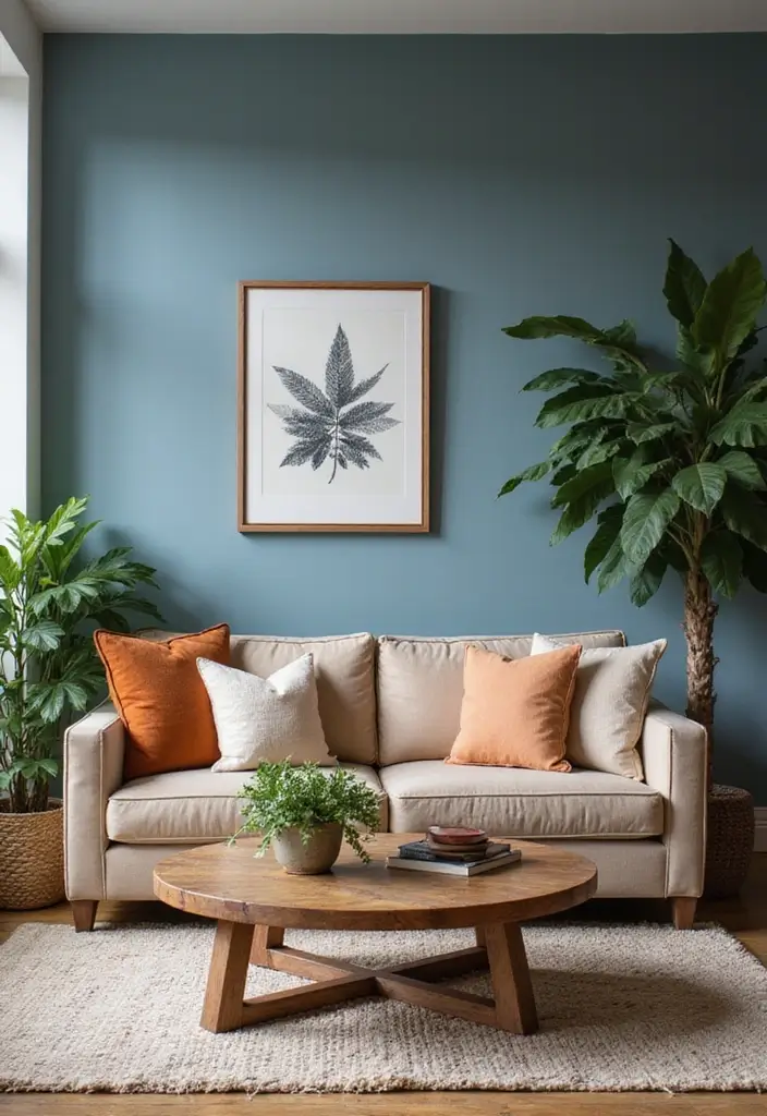 28 Blue Living Room Color Scheme Ideas That Feel Relaxing and Cool - 7. Muted Blue with Earthy Accents