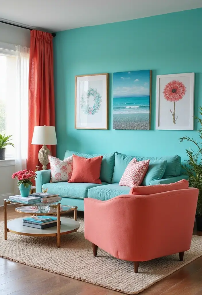 28 Blue Living Room Color Scheme Ideas That Feel Relaxing and Cool - 8. Bright Aqua and Coral