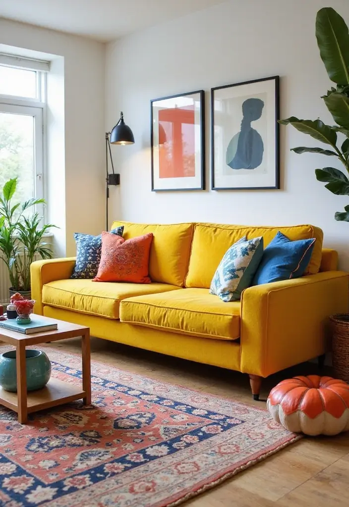 28 Colored Sofas Ideas for a Playful and Fresh Living Room - 1. Bold Yellow Bliss