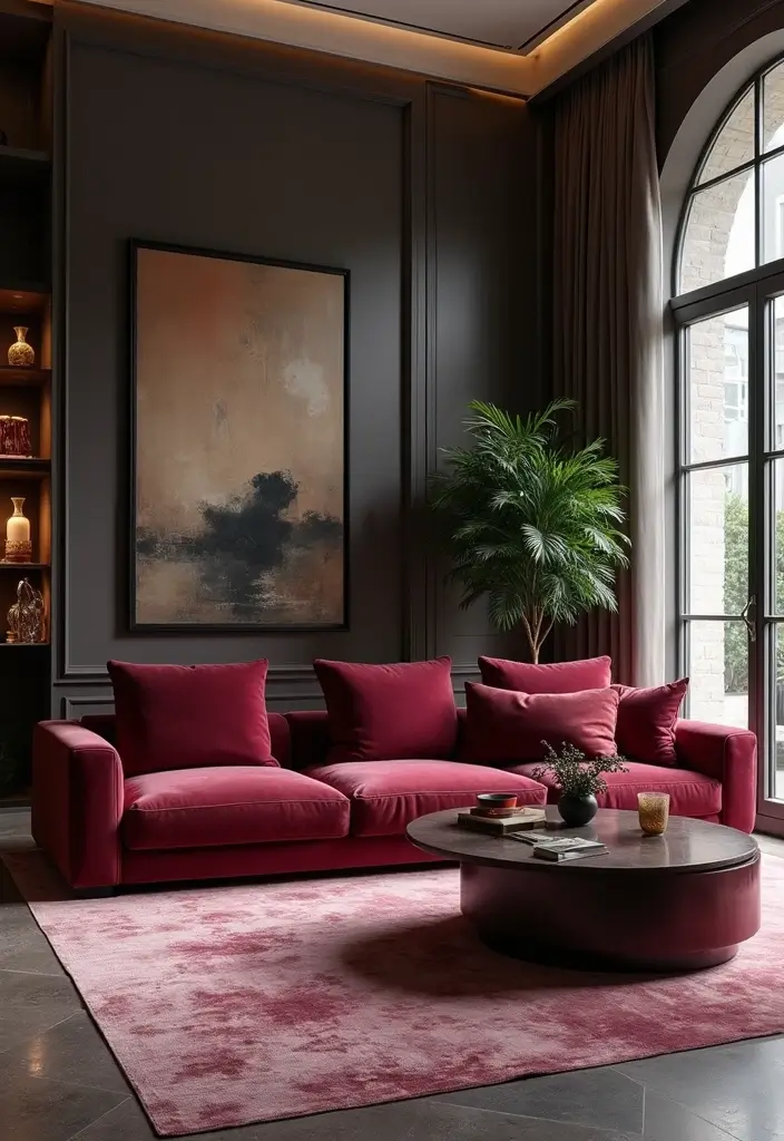 28 Colored Sofas Ideas for a Playful and Fresh Living Room - 10. Bold Burgundy Beauty