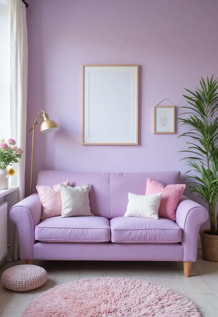 28 Colored Sofas Ideas for a Playful and Fresh Living Room - 11. Whimsical Lavender