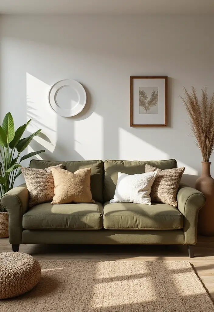 28 Colored Sofas Ideas for a Playful and Fresh Living Room - 12. Earthy Olive Green