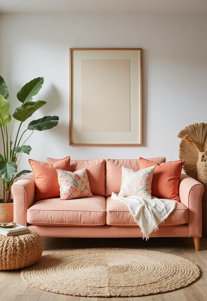 28 Colored Sofas Ideas for a Playful and Fresh Living Room - 14. Cheerful Peach Perfection