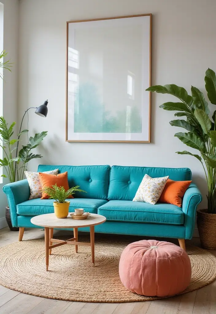 28 Colored Sofas Ideas for a Playful and Fresh Living Room - 21. Refreshing Aqua Delight