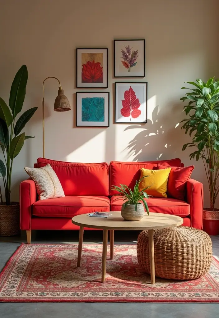 28 Colored Sofas Ideas for a Playful and Fresh Living Room - 25. Charming Poppy Red