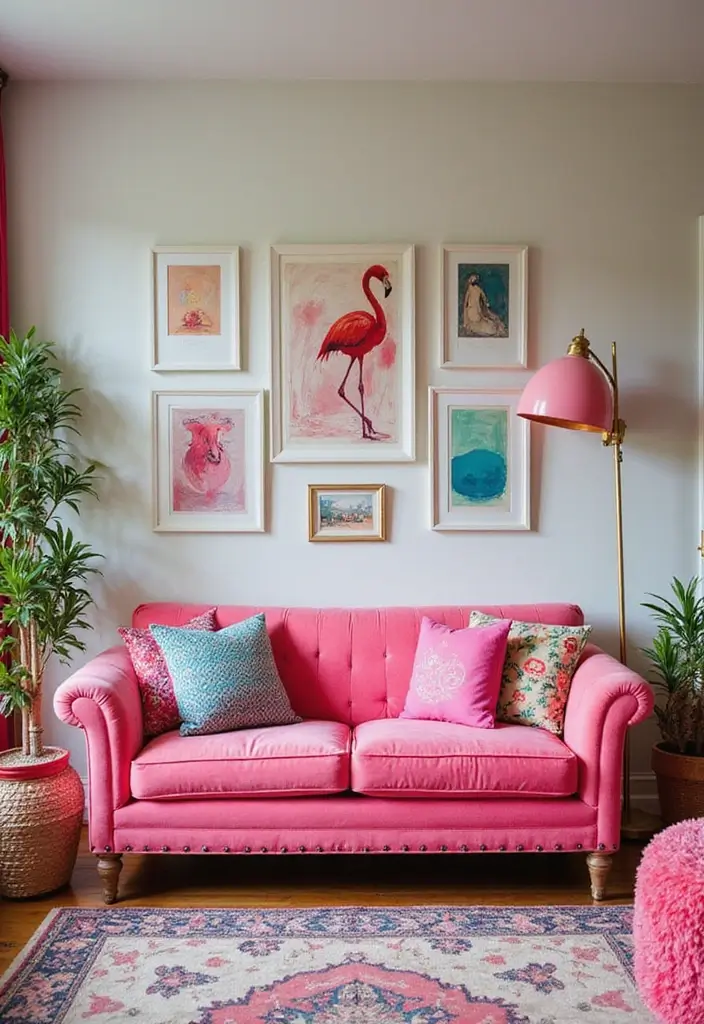 28 Colored Sofas Ideas for a Playful and Fresh Living Room - 26. Fun Flamingo Pink