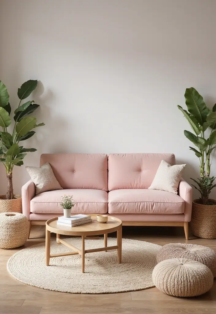 28 Colored Sofas Ideas for a Playful and Fresh Living Room - 27. Soft Blush Pink