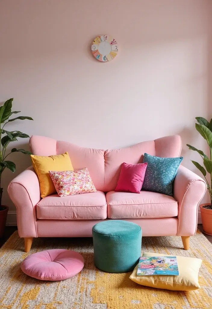 28 Colored Sofas Ideas for a Playful and Fresh Living Room - 4. Playful Pink Paradise