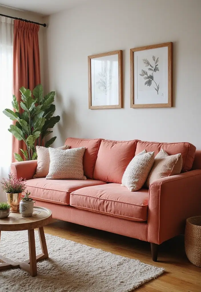 28 Colored Sofas Ideas for a Playful and Fresh Living Room - 5. Charming Coral Comfort