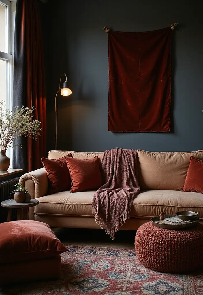28 Dark Boho Living Room Ideas That Feel Moody and Artistic - 1. Rich Velvet Textiles