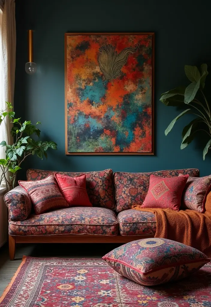 28 Dark Boho Living Room Ideas That Feel Moody and Artistic - 14. Exotic Textile Patterns