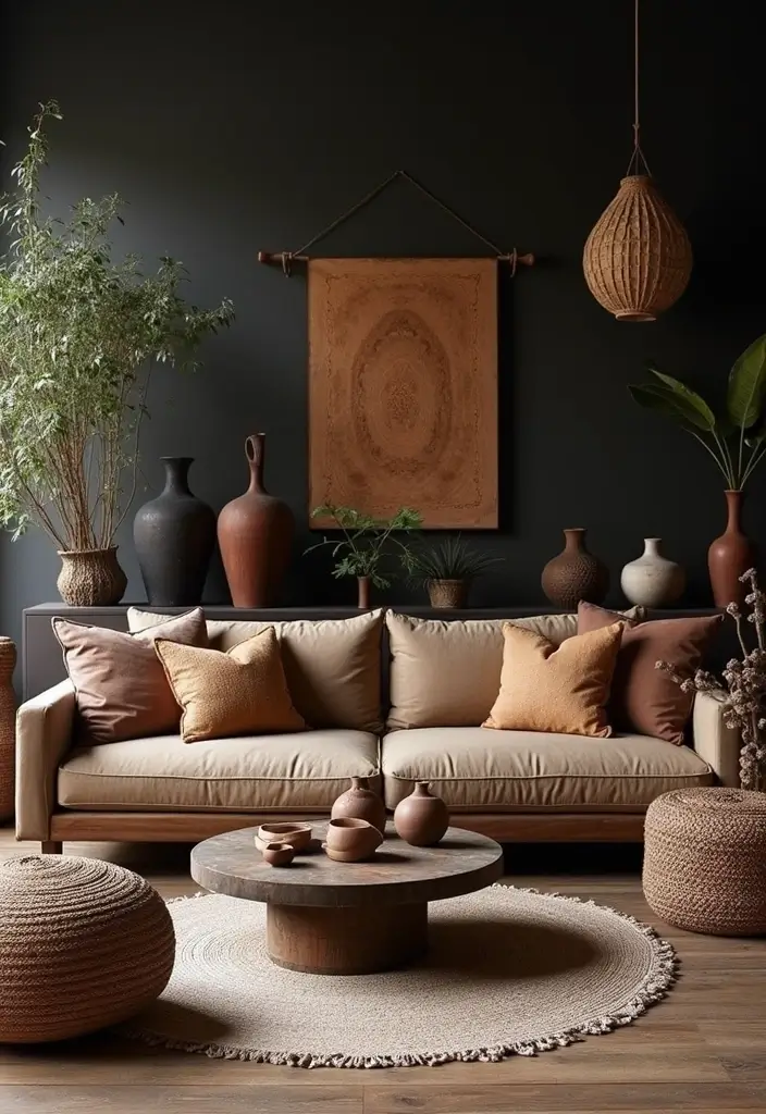 28 Dark Boho Living Room Ideas That Feel Moody and Artistic - 17. Artisan Decorative Objects