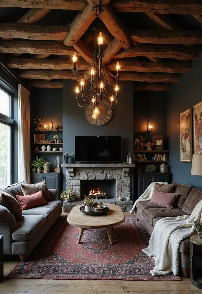 28 Dark Boho Living Room Ideas That Feel Moody and Artistic - 18. Statement Ceiling Decor