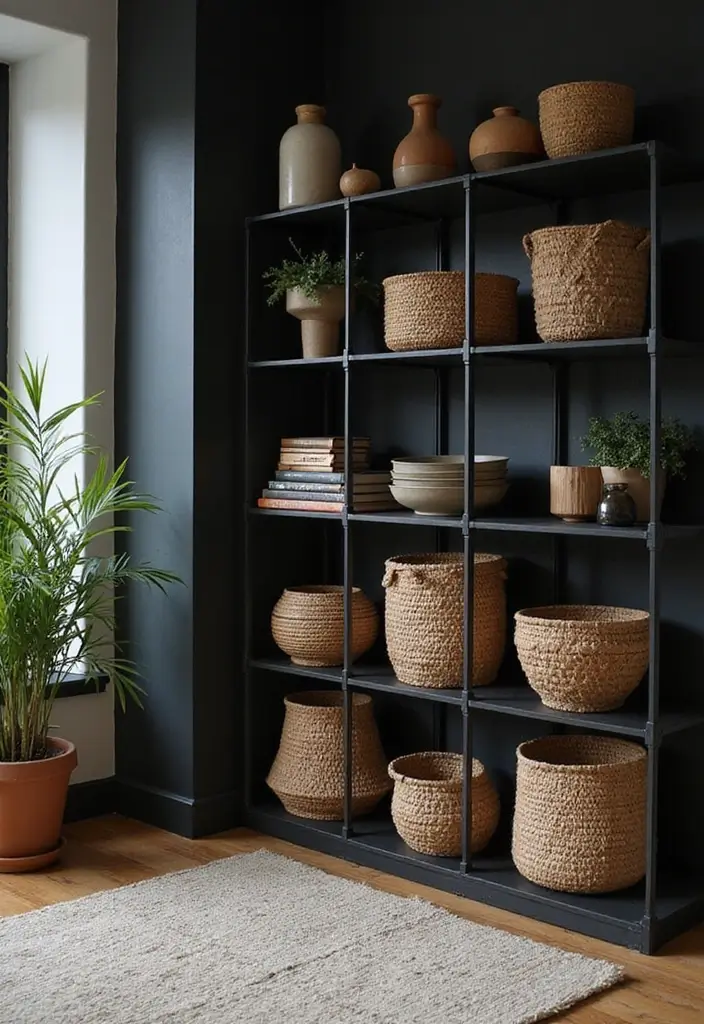 28 Dark Boho Living Room Ideas That Feel Moody and Artistic - 20. Minimalist Storage Solutions